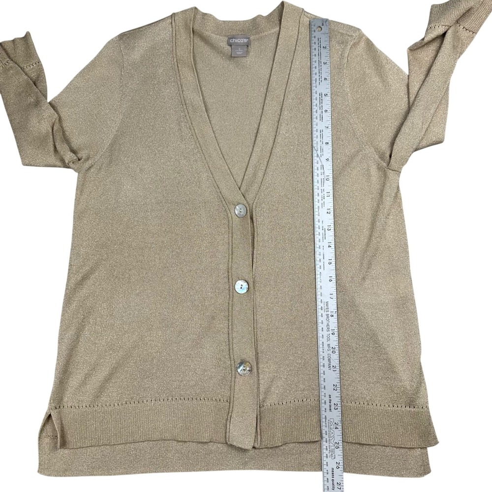 Chico's Gold Metallic Knit Cardigan V-Neck Button Front 3/4 Sleeve Size 2 Large - Picture 5 of 14